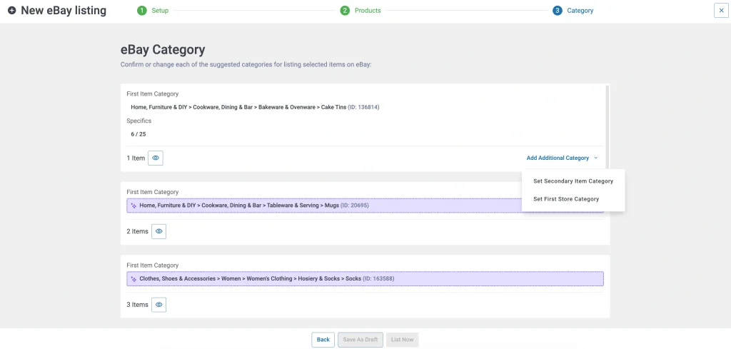 Definir categorias adicionais do eBay