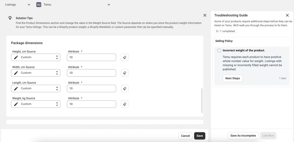 M2E Moteur de validation Temu Attribut mis en évidence