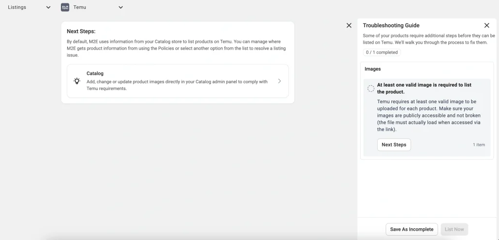 Magasin de moteurs de validation M2E Temu