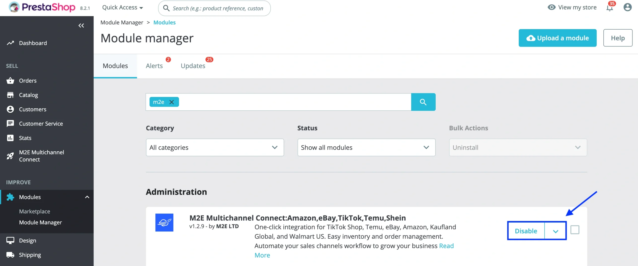 Restart M2E Multichannel Connect module in PrestaShop