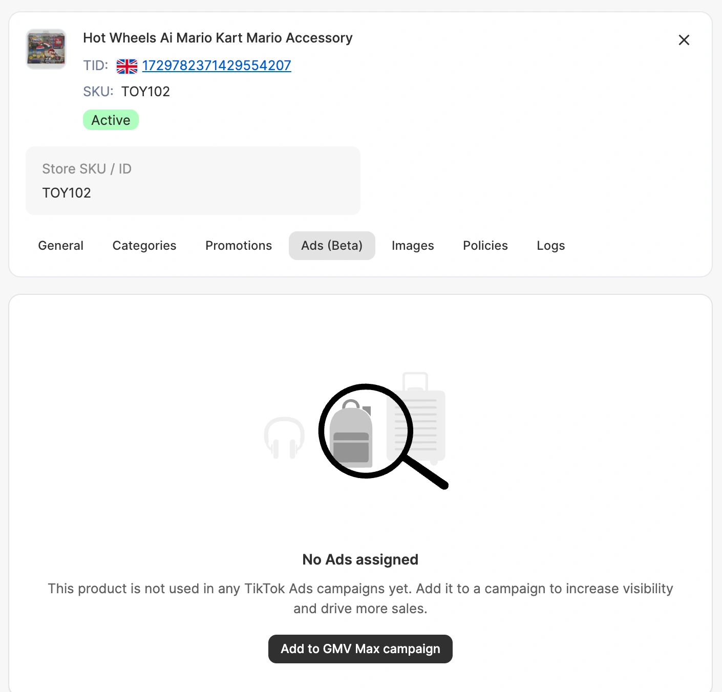 M2E Cloud: Přidání kampaně TikTok Shop k jednotlivému produktu