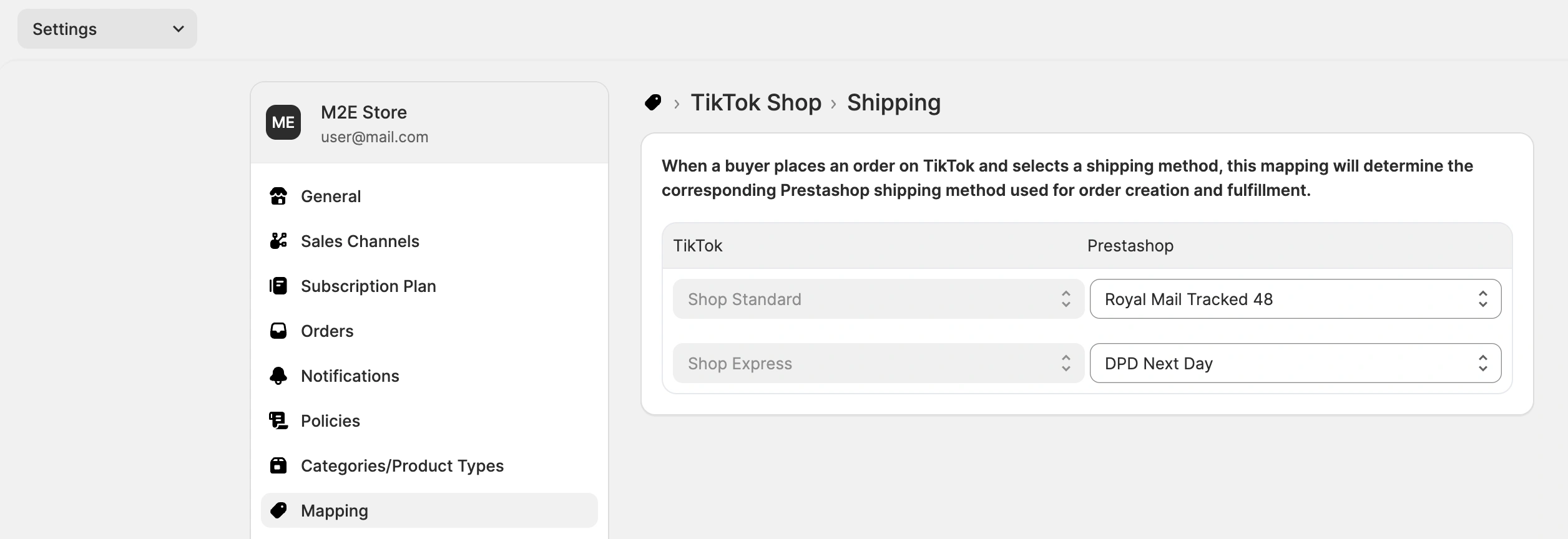 M2E Cloud PrestaShop Shipping Service Mapping