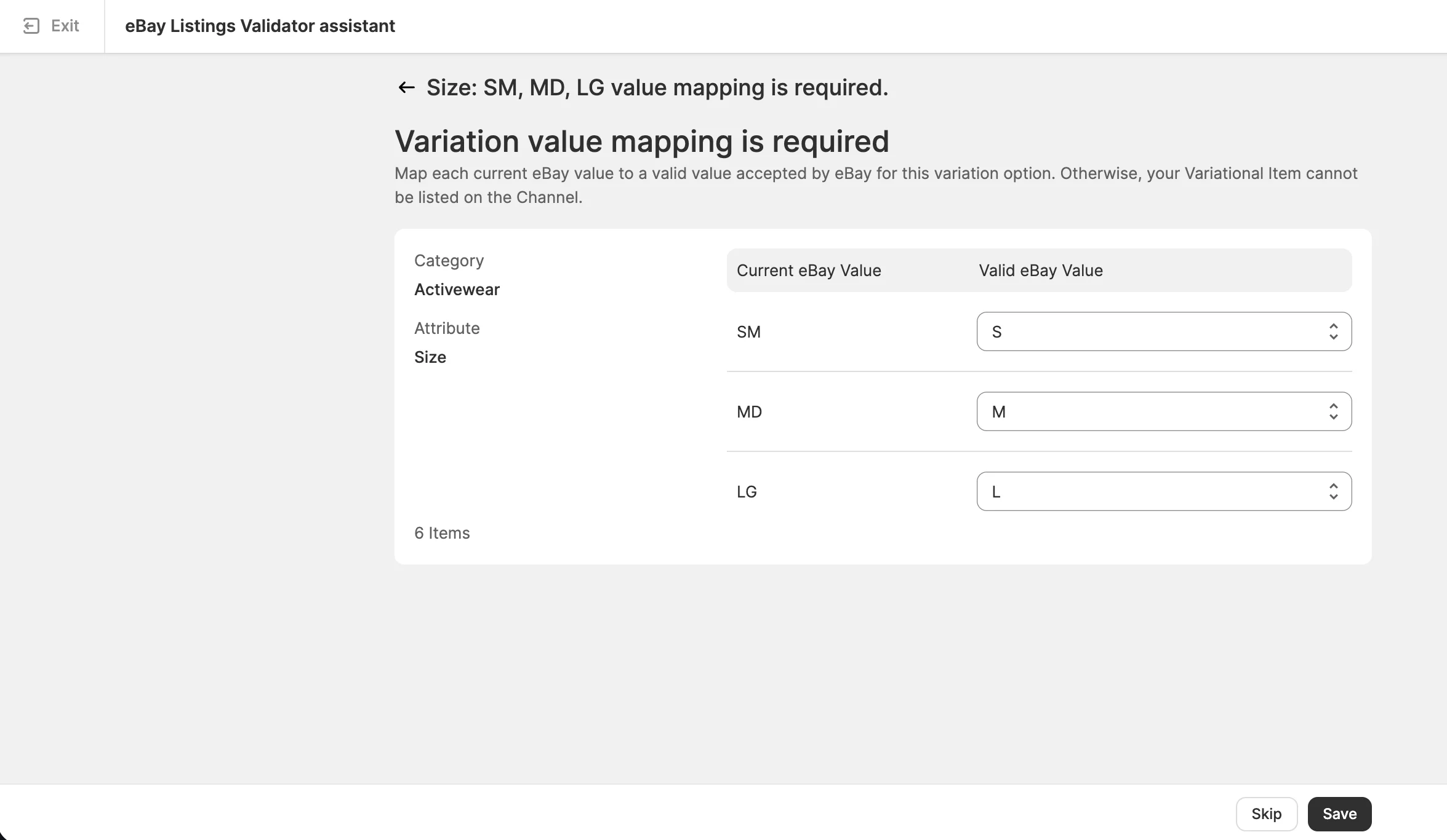 M2E Cloud – přiřazení hodnot variant velikostí na eBay